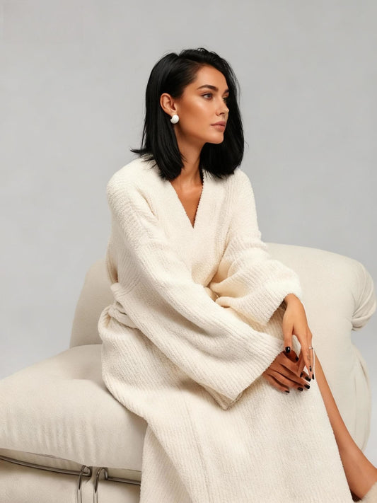 The Akina Cloud Fleece Robe in Cream, tied