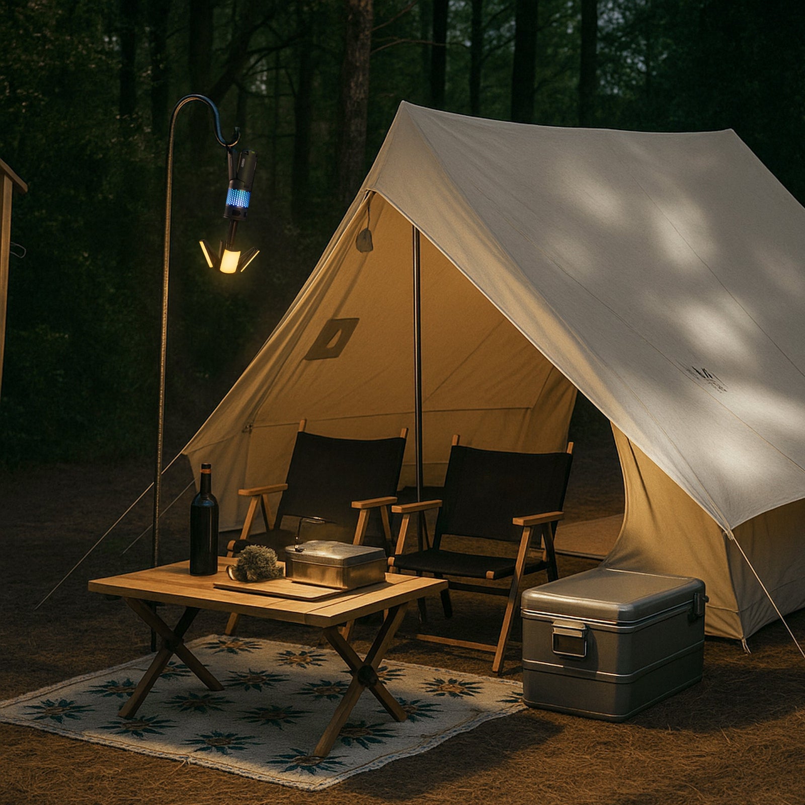 Rover light with panels flipped open at a campsite table