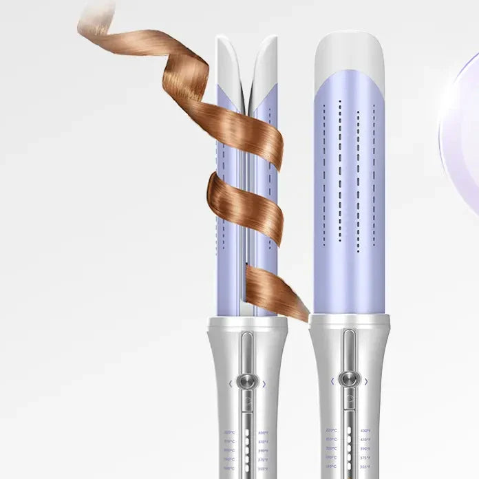 The Akina Airflow Curling Styler, airflow vents along the barrel and the heat scale on the handle