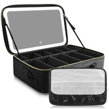 Akina LED Mirror Makeup Bag in black, open with the lid mirror raised