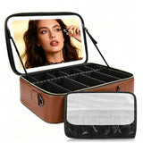 Akina LED Mirror Makeup Bag in brown — the lit mirror sits in the lid