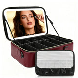 Akina LED Mirror Makeup Bag in burgundy, open with the lid mirror raised