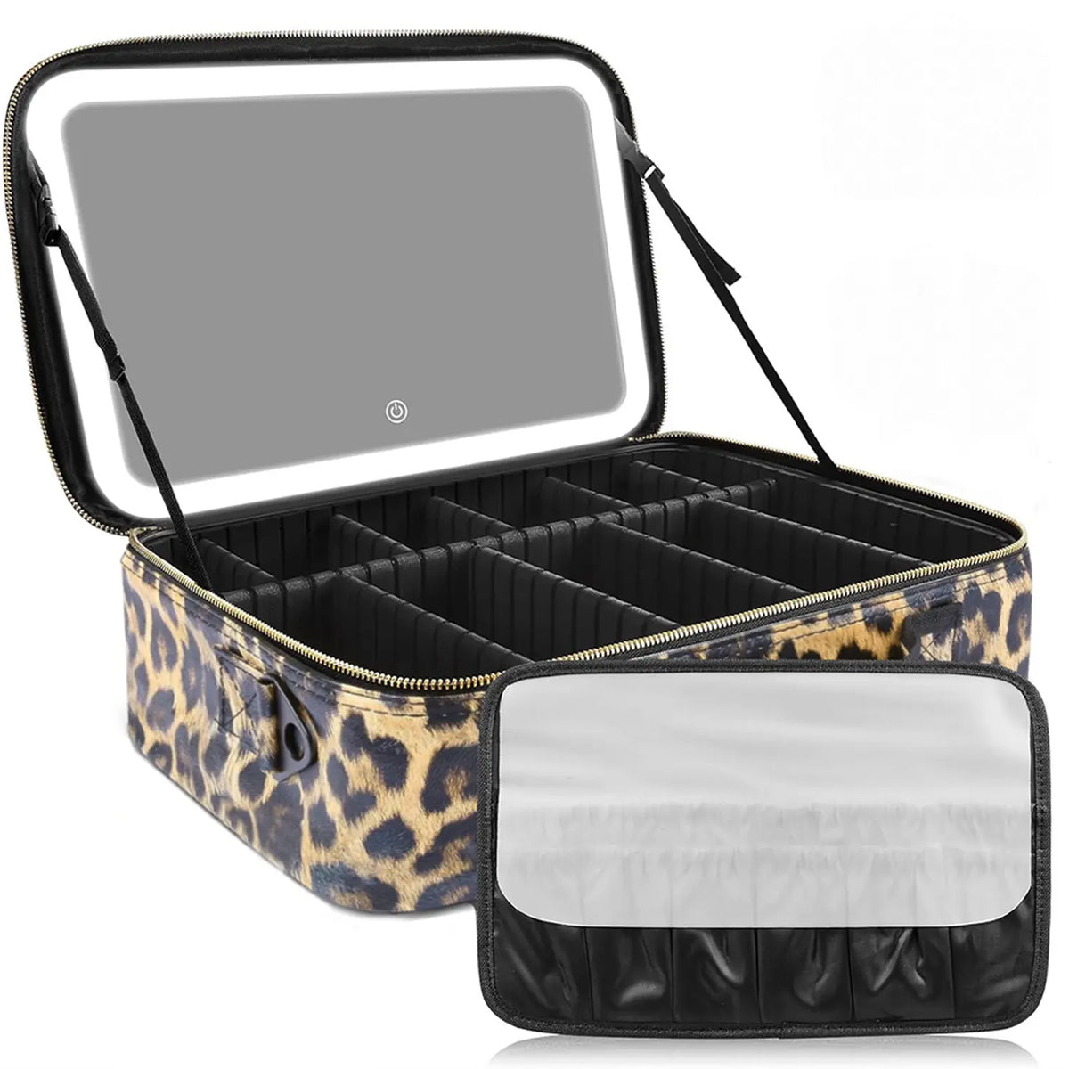 Akina LED Mirror Makeup Bag in leopard print, open with the lid mirror raised