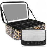 Akina LED Mirror Makeup Bag in leopard print, open with the lid mirror raised