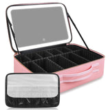 Akina LED Mirror Makeup Bag in pink, open with the lid mirror raised